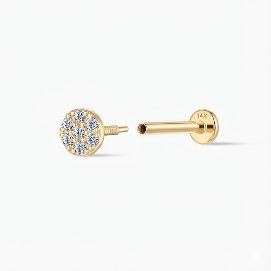 14K Yellow Gold Round Pavé Flat Back Stud & Solid Gold Post