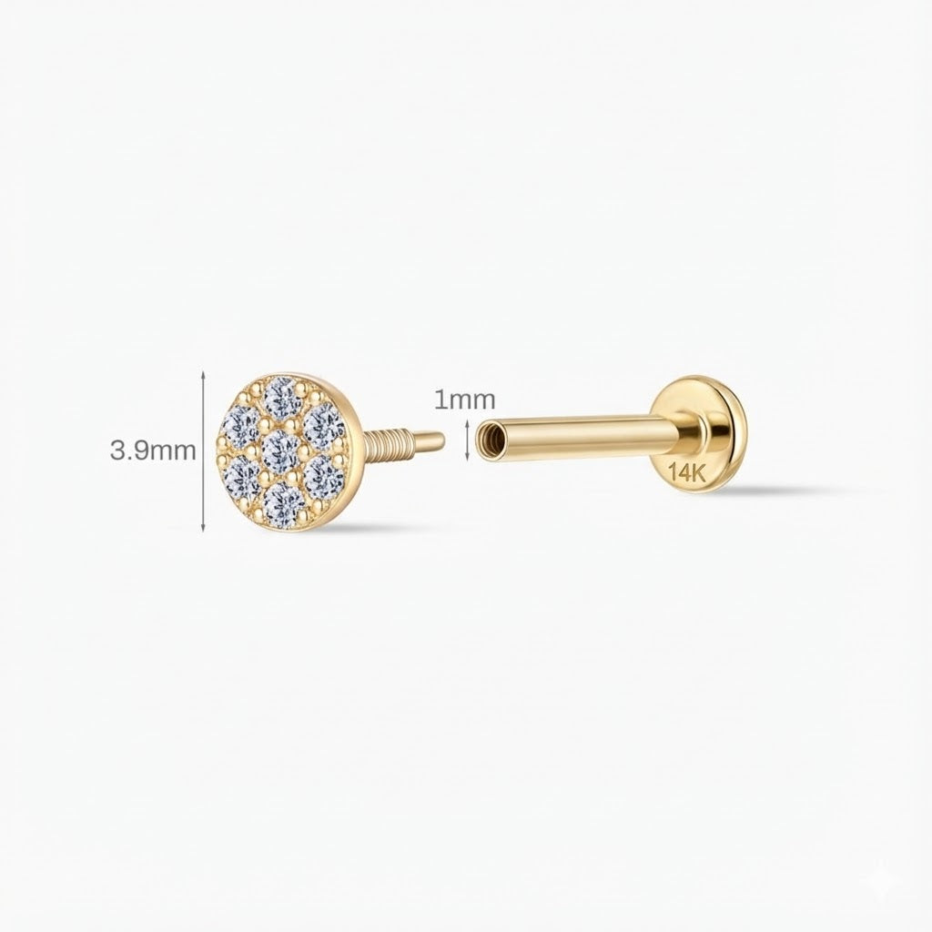 14K Yellow Gold Round Pavé Flat Back Stud & Solid Gold Post