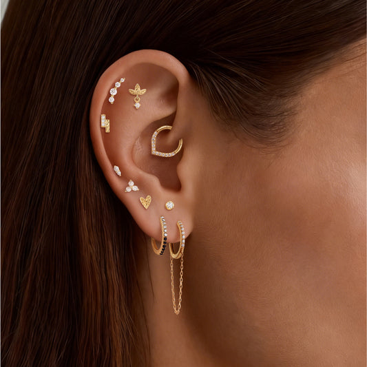 Aunyra- 14K Solid Yellow Gold Vertical Double Gem Flat Back Stud & & Solid Gold Post