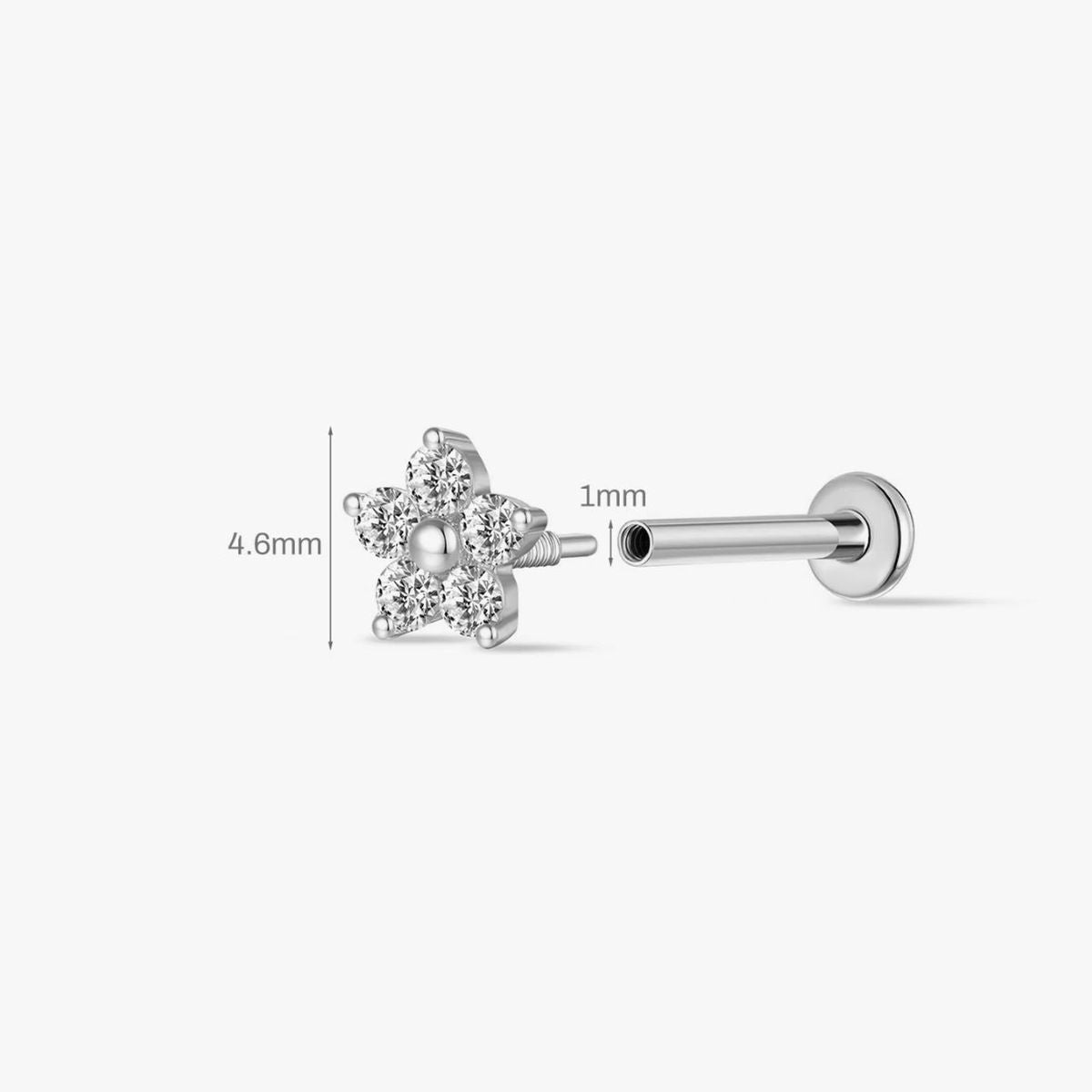 14K Solid White Gold Five-Petal Floral Flat Back Stud & Titanium Post