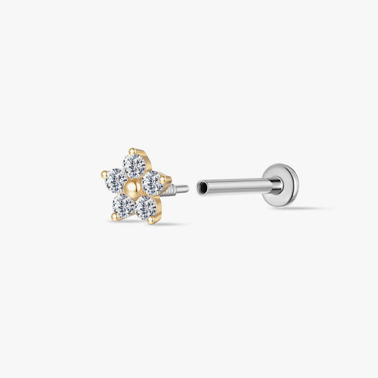 14K Solid Yellow Gold Five-Petal Floral Flat Back Stud & Titanium Post
