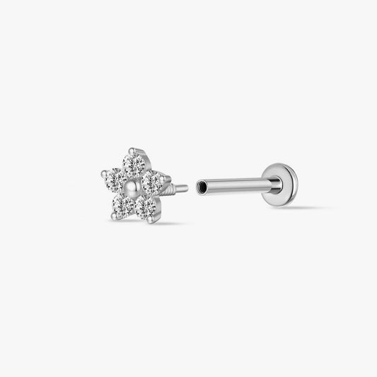 14K Solid White Gold Five-Petal Floral Flat Back Stud & Titanium Post