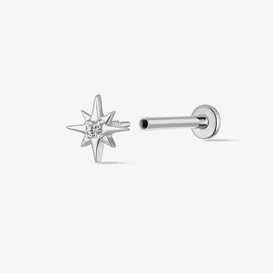 14K Solid White Gold Starburst Gem Flat Back Stud & Titanium Post