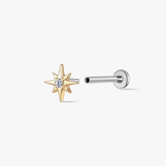 14K Solid Yellow Gold Starburst Gem Flat Back Stud & Titanium Post