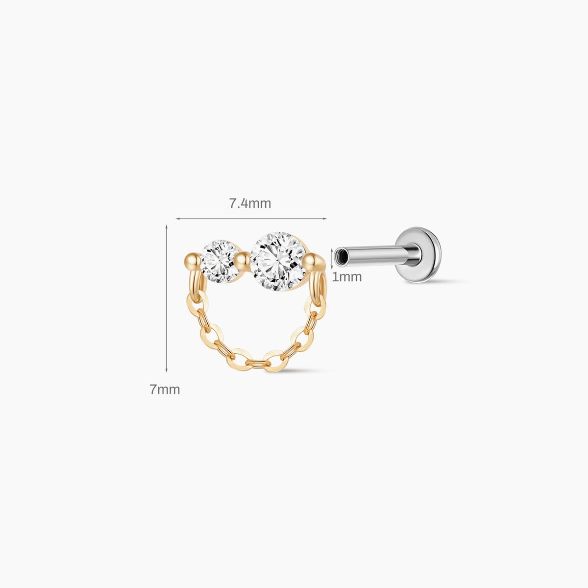 14K Yellow Gold Dual Stone Chain Flat Back Stud & Titanium Post