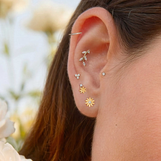 14K Solid Yellow Gold Leaf Branch Flat-Back Stud & Titanium Post - Photo 2 | AUNYRA