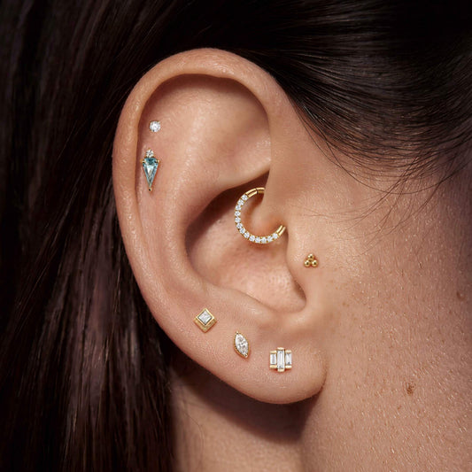 14K Solid Yellow Gold Three-Bead Flat Back Stud & Titanium Post - Photo 2 | AUNYRA