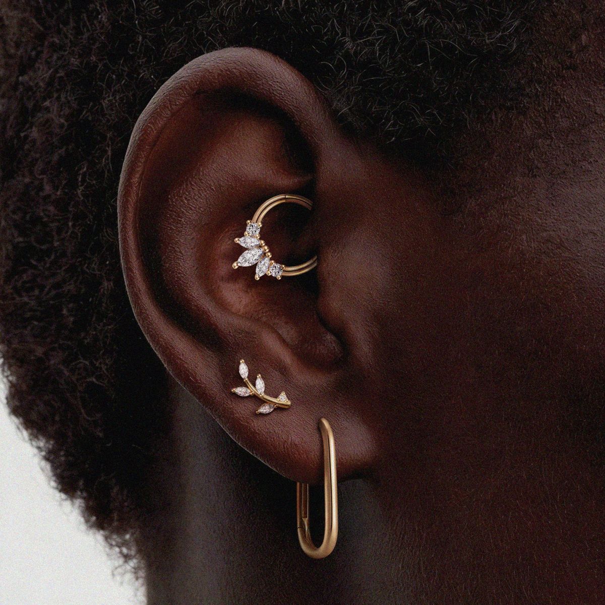 14K Solid Yellow Gold Leaf Branch Flat-Back Stud & Titanium Post