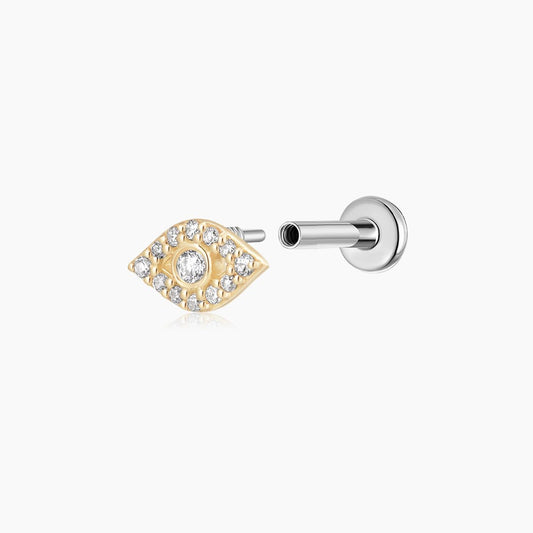 14K Solid Yellow Gold Evil Eye Pavé Flat Back Stud & Titanium Post