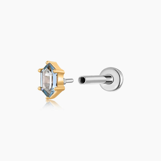 14K Solid Yellow Gold Hexagon Blue Topaz Stud & Titanium Post