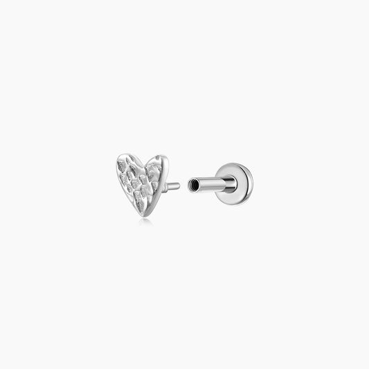 14K Solid White Gold Hammered Minimalist Textured Heart Stud & Titanium Post