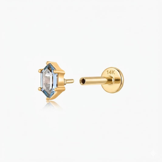 14K Solid Yellow Gold Hexagon Blue Topaz Stud & Solid Gold Post