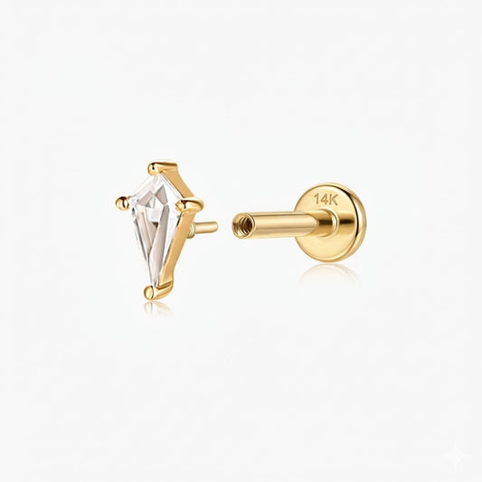 14K Solid Yellow Gold Kite White Topaz Flat Back Stud & Solid Gold Post