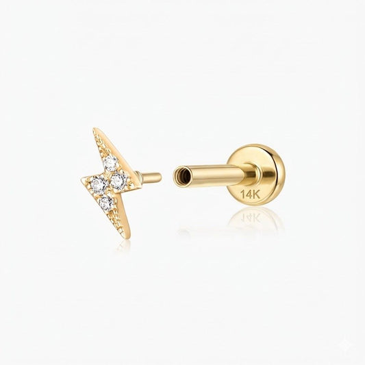14K Solid Yellow Gold Lightning Bolt Flat Back Stud & Solid Gold Post