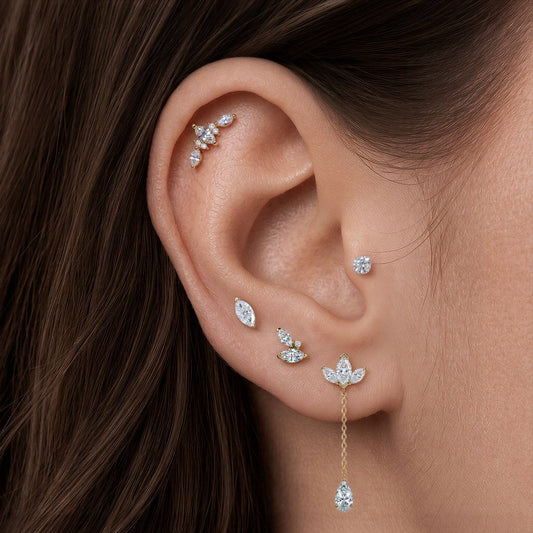 AERÉ™ 14K Solid Gold Marquise Cluster Flat Back Stud & Solid Gold Post
