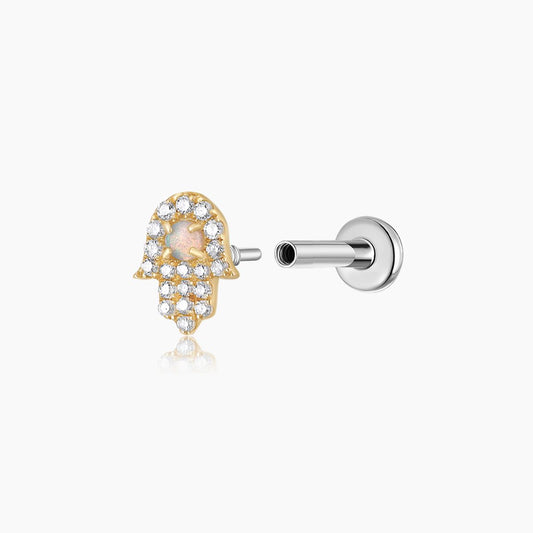 14K Solid Yellow Gold Opal Hamsa Flat Back Stud & Titanium Post