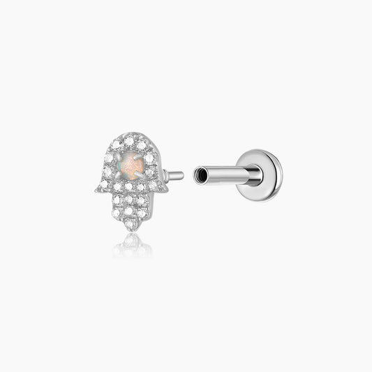 14K Solid White Gold Opal Hamsa Flat Back Stud & Titanium Post