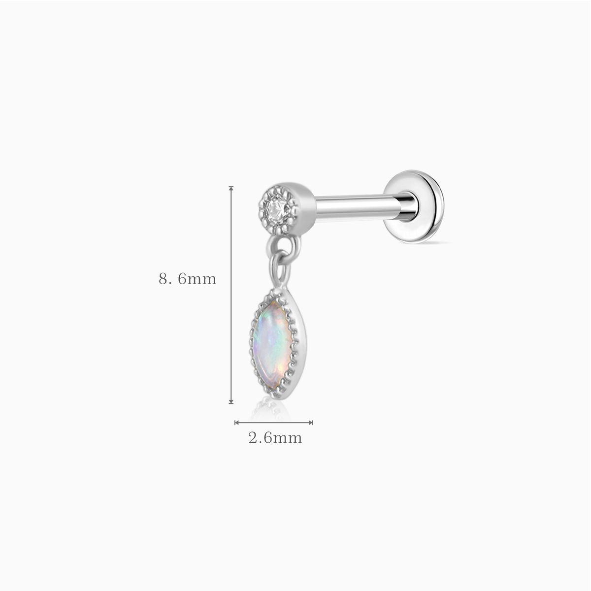 14K Solid White Gold Opal Marquise Dangle Flat Back Piercing & Titanium Post