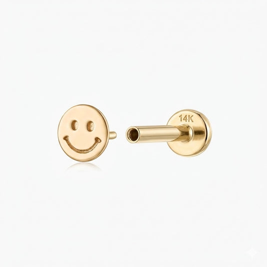 14K Solid Yellow Gold Smiley Flat Back Stud & Solid Gold Post