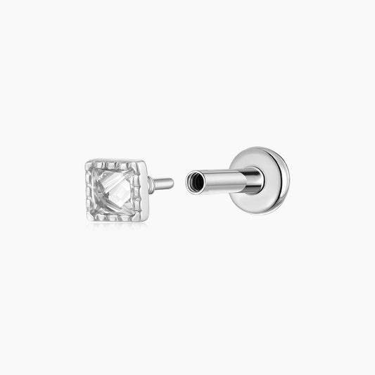 14K Solid White Gold Square-Cut Textured Flat Back Stud & Titanium Post