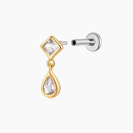 14K Solid Yellow Gold Square & Pear Double-Drop Flat Back & Titanium Post