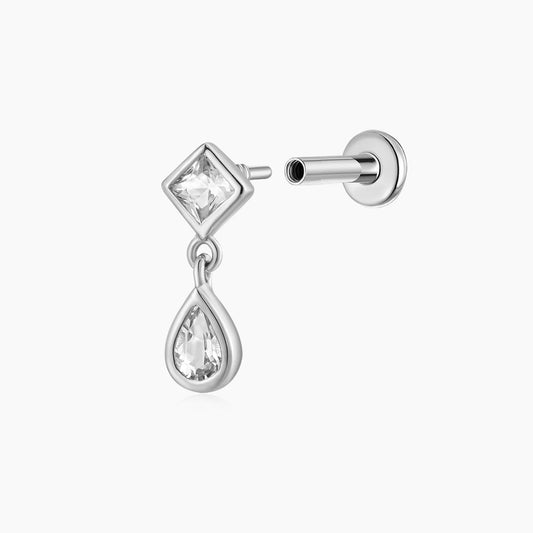 14K Solid White Gold Square & Pear Double-Drop Flat Back Stud & Titanium Post