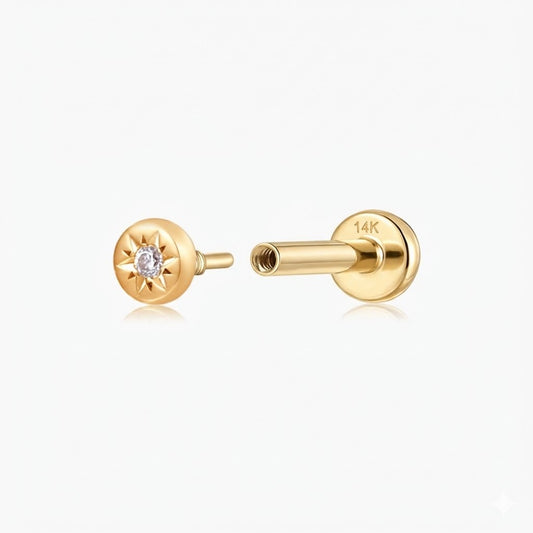 14K Solid Yellow Gold Sunburst Flat Back Stud & Solid Gold Post