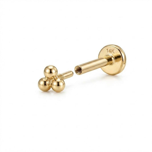 14K Solid Yellow Gold Three-Bead Flat Back Stud & Solid Gold Post