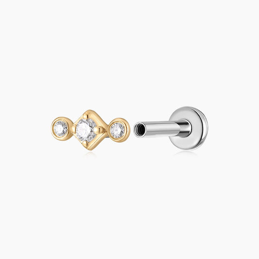 14K Solid Yellow Gold Three-Stone Flat Back Stud & Titanium Post
