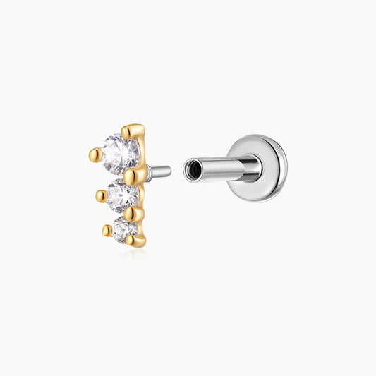 14K Solid Yellow Gold Three-Stone Vertical Flat Back Stud & Titanium Post