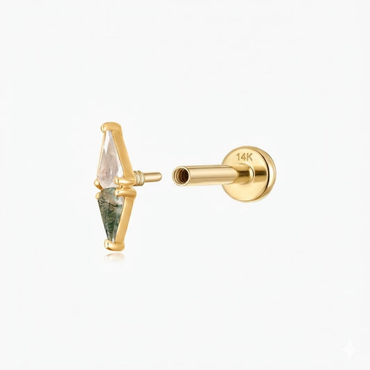 14K Solid Yellow Gold Topaz Moss Agate Flat Back Stud & Solid Gold Post