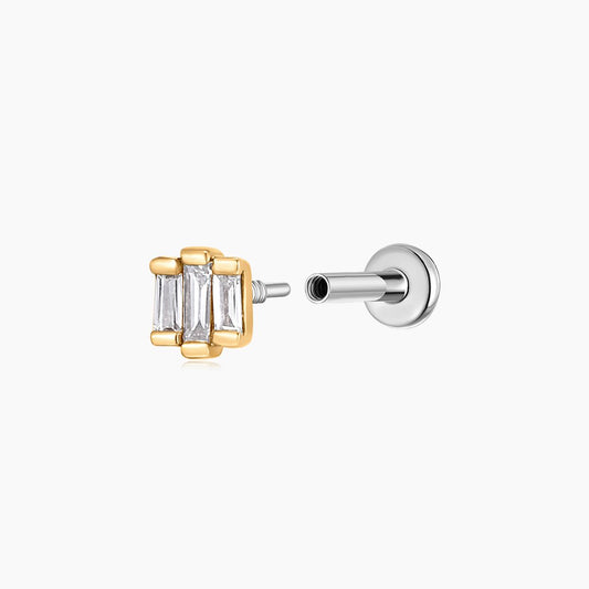14K Solid Yellow Gold Triple Baguette Stud & Titanium Post