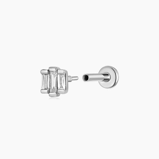 14K Solid White Gold Triple Baguette Stud & Titanium Post