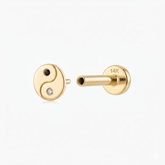 14K Solid Yellow Gold Yin Yang Flat Back Stud & Solid Gold Post