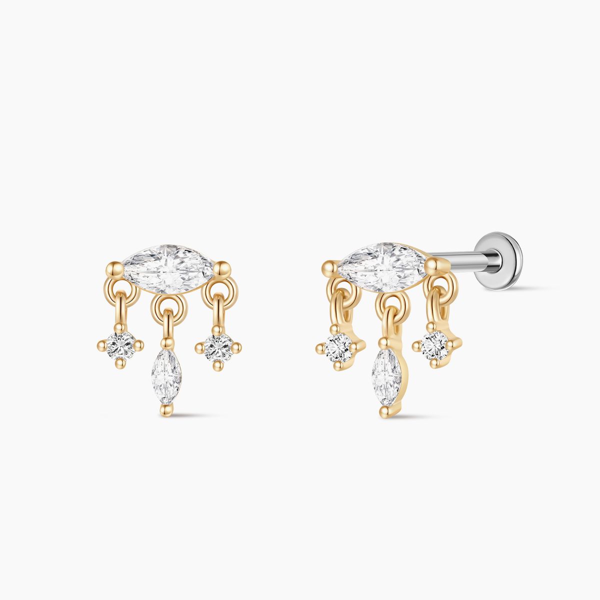 14K Yellow Gold Marquise Dangle Flatback Stud & Titanium Post