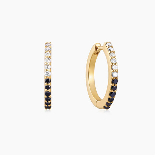 14K Solid Yellow Gold Black & White Pavé Huggie Hoop Earring
