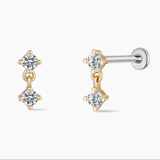 14K Yellow Gold Double Round Drop Flat-Back Stud & Titanium Post
