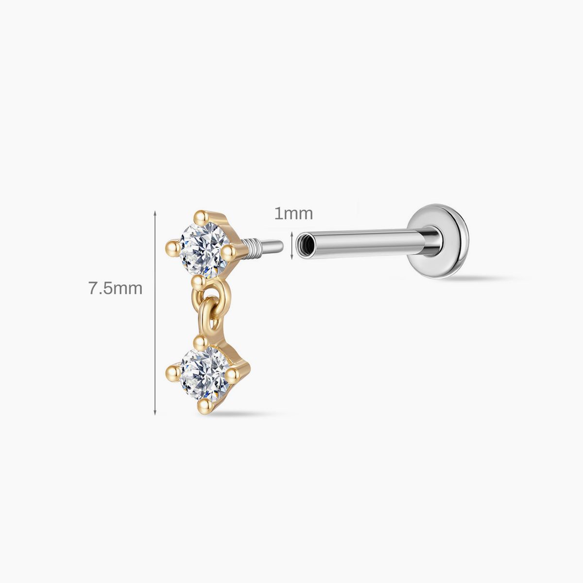 14K Yellow Gold Double Round Drop Flat-Back Stud & Titanium Post