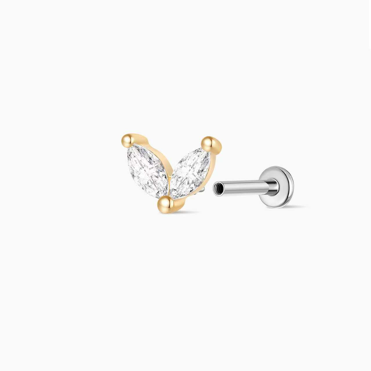 14K Solid Yellow Gold Marquise Duo Flat Back Stud Piercing