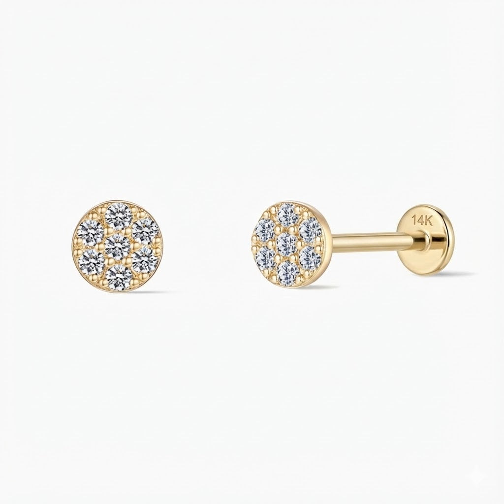14K Yellow Gold Round Pavé Flat Back Stud & Solid Gold Post