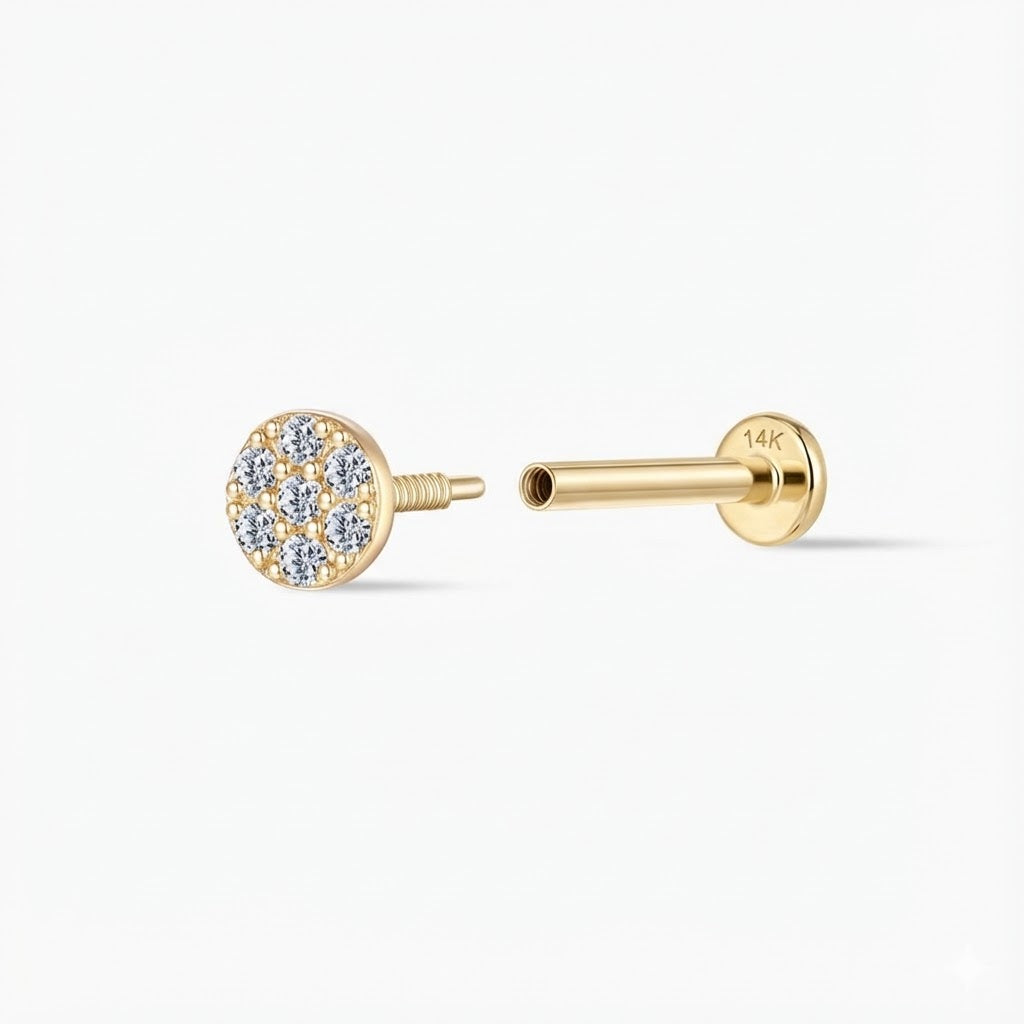 14K Yellow Gold Round Pavé Flat Back Stud & Solid Gold Post