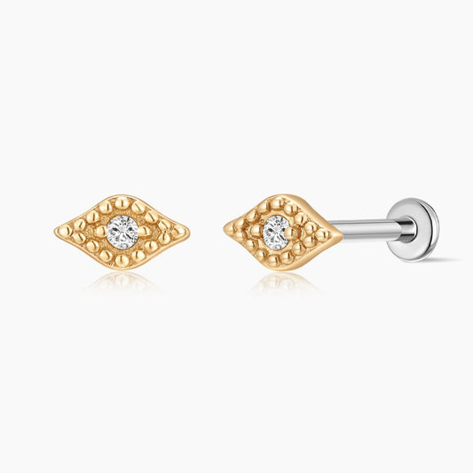 14K Solid Yellow Gold Textured Eye Flat Back Stud & Titanium Post