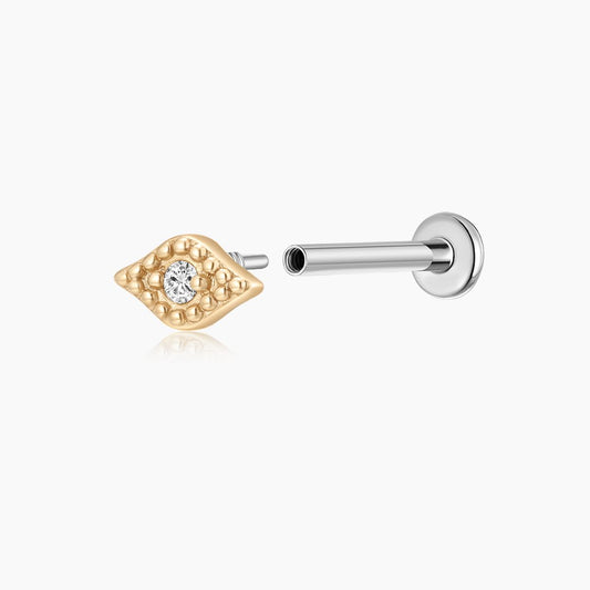 14K Solid Yellow Gold Textured Eye Flat Back Stud & Titanium Post