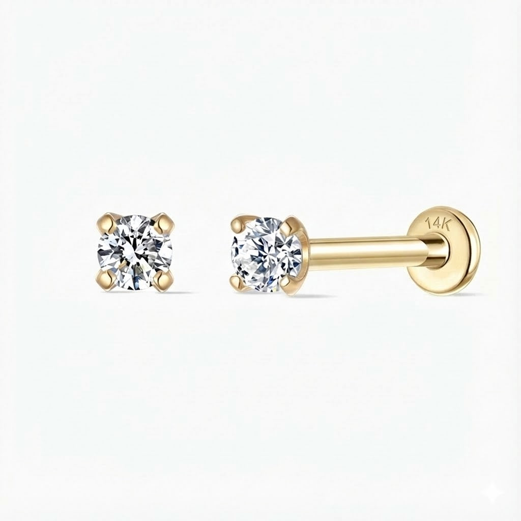 14K Solid Yellow Gold Classic 4-Prong Setting Flat Back Stud & Solid Gold Post