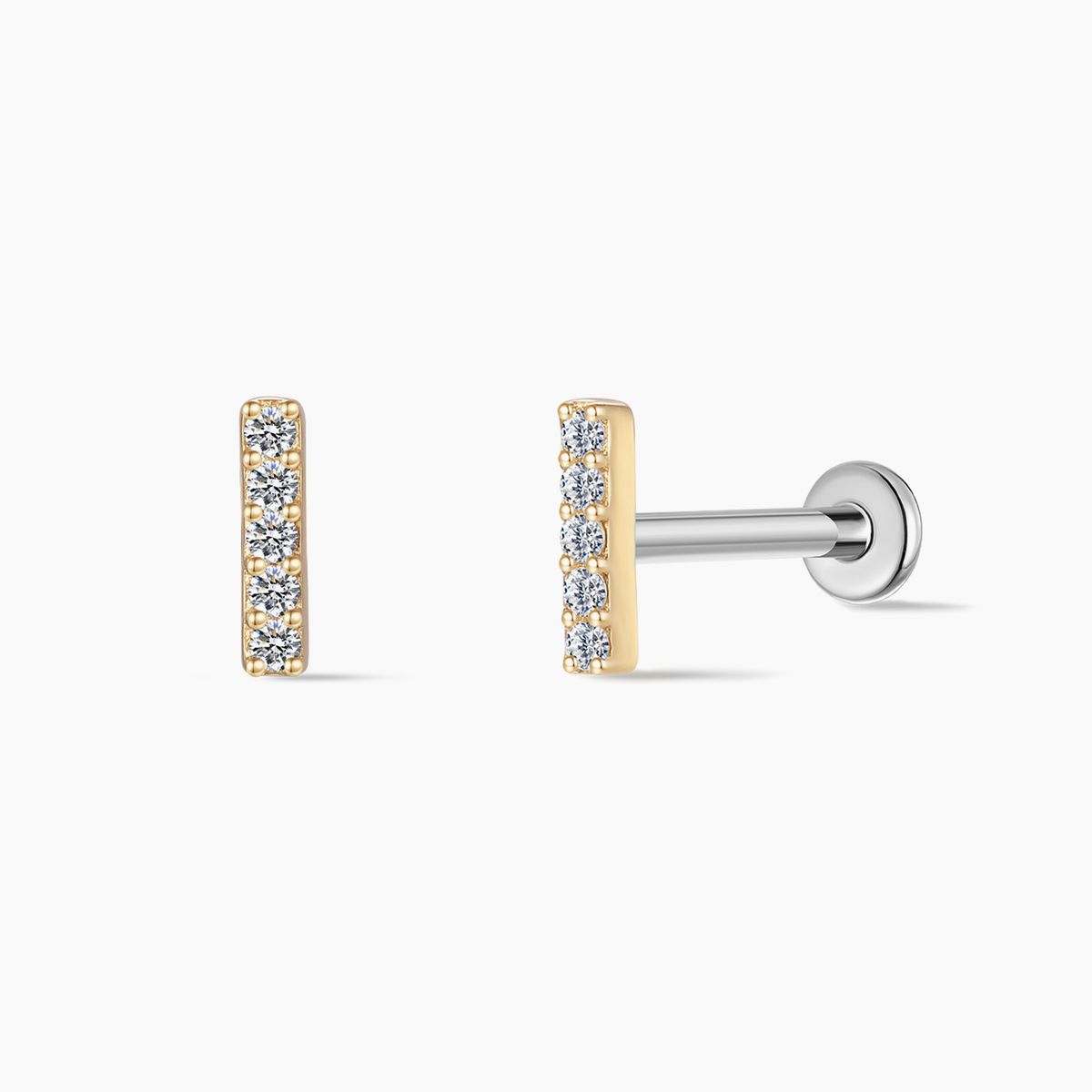 Aunyra- 14K Solid Yellow Gold Vertical Pavé Bar Flat Back Stud & Titanium Post