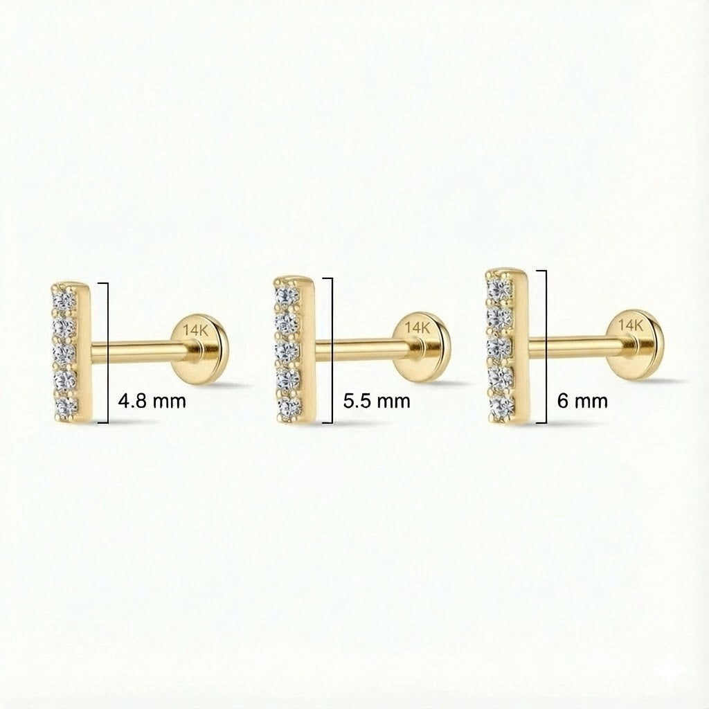 Aunyra- 14K Solid Yellow Gold Vertical Pavé Bar Flat Back Stud & Solid Gold Post