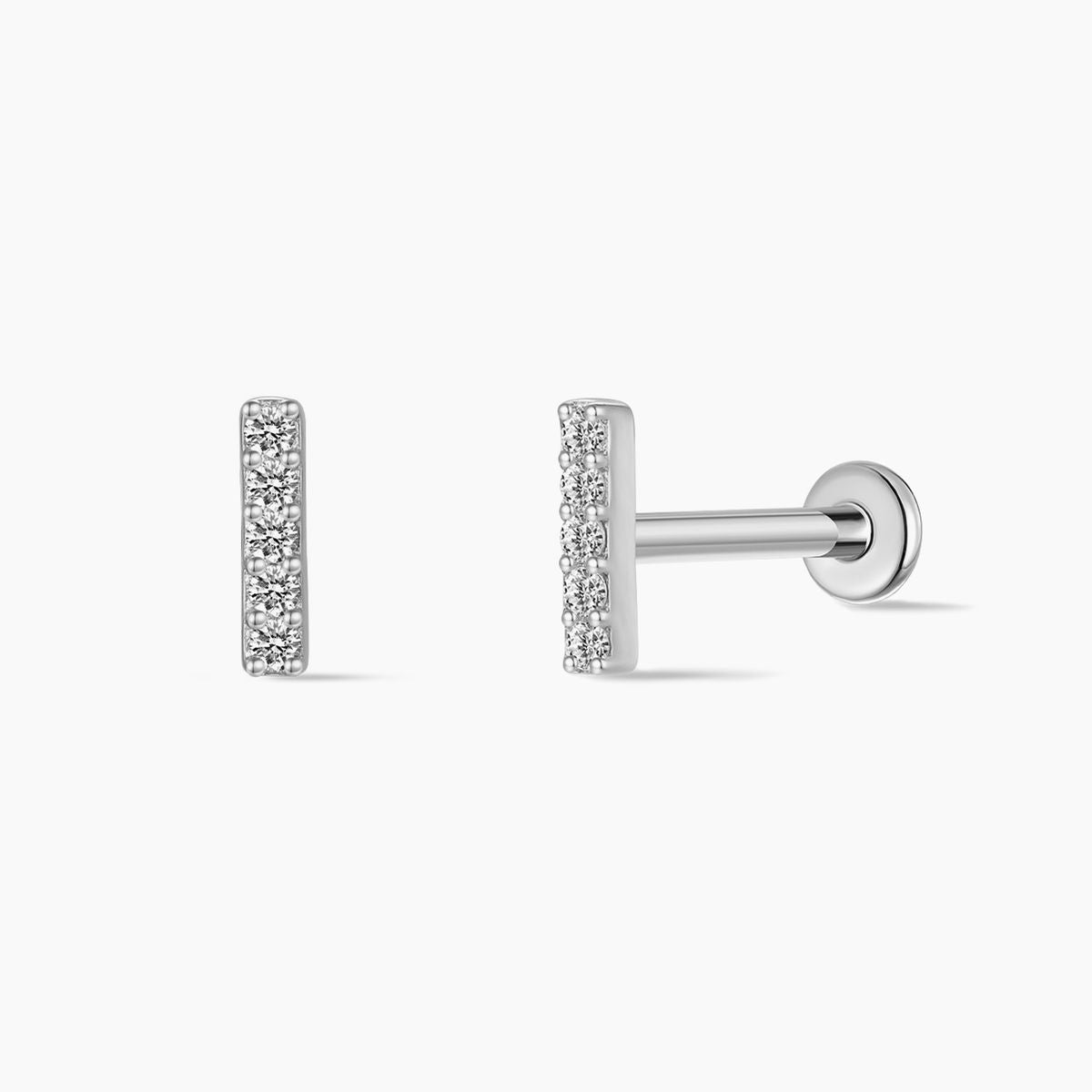 Aunyra- 14K Solid White Gold Vertical Pavé Bar Flat Back Stud & Titanium Post
