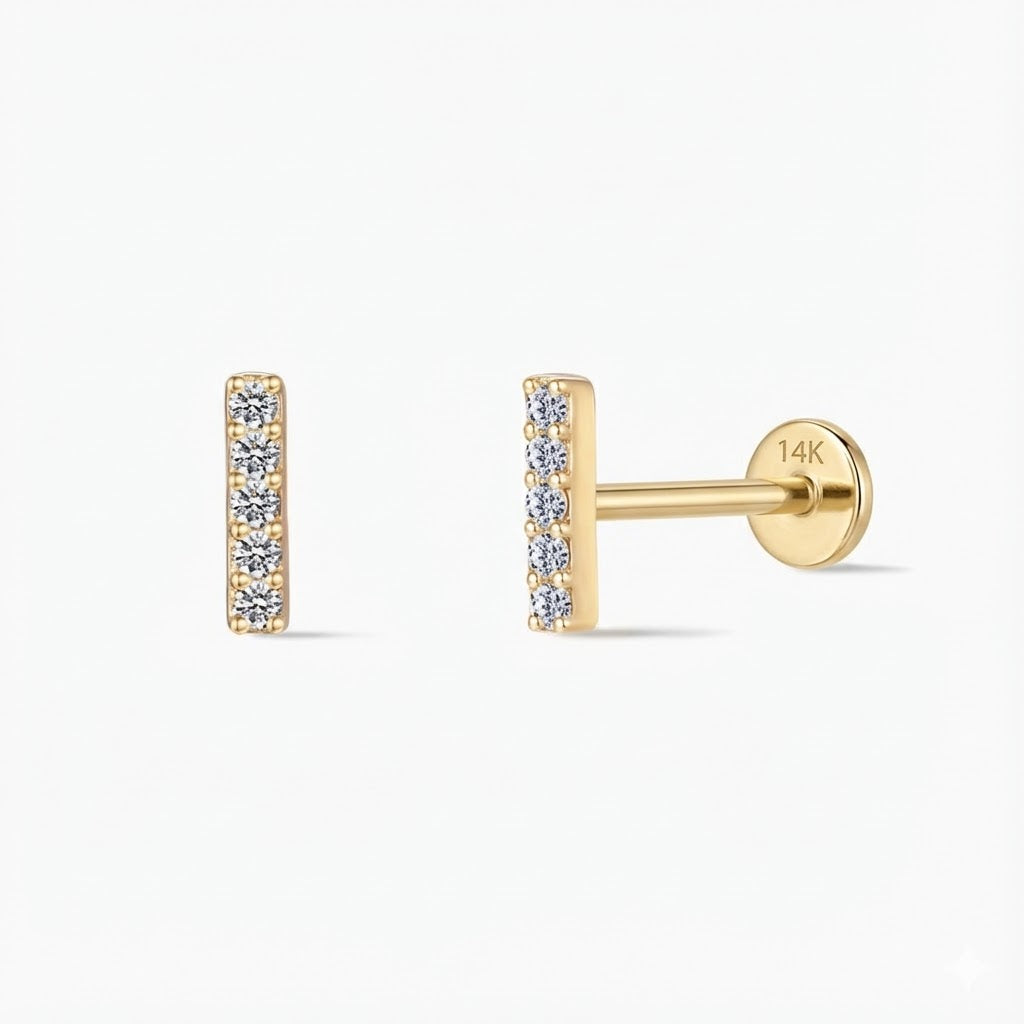 Aunyra- 14K Solid Yellow Gold Vertical Pavé Bar Flat Back Stud & Solid Gold Post