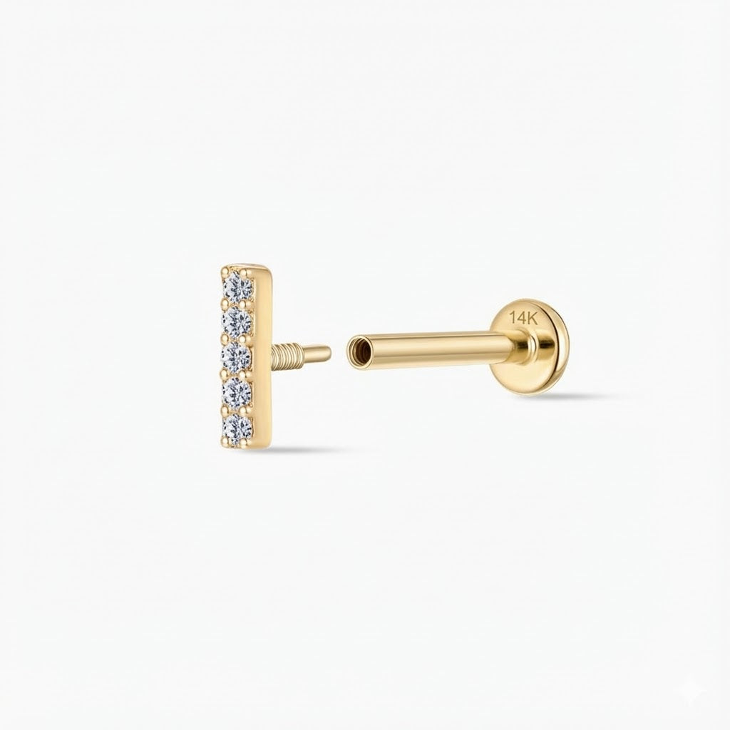 Aunyra- 14K Solid Yellow Gold Vertical Pavé Bar Flat Back Stud & Solid Gold Post