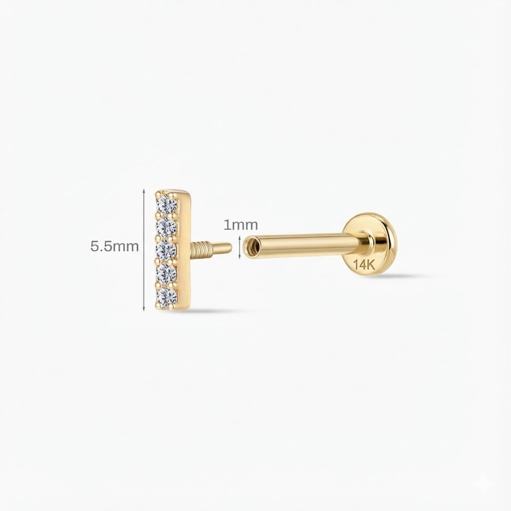 Aunyra- 14K Solid Yellow Gold Vertical Pavé Bar Flat Back Stud & Solid Gold Post